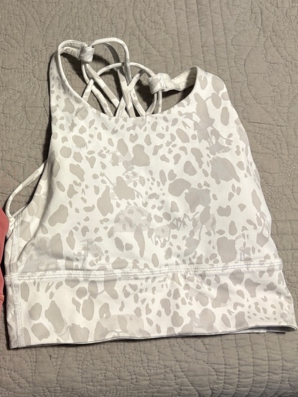 Lululemon High-Neck Strappy Sports Bra — White with Light Gray Print